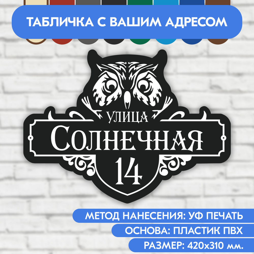 Адресная табличка на дом 420х310 мм. "Домовой знак Сова", чёрная, из пластика, УФ печать не выгорает #1