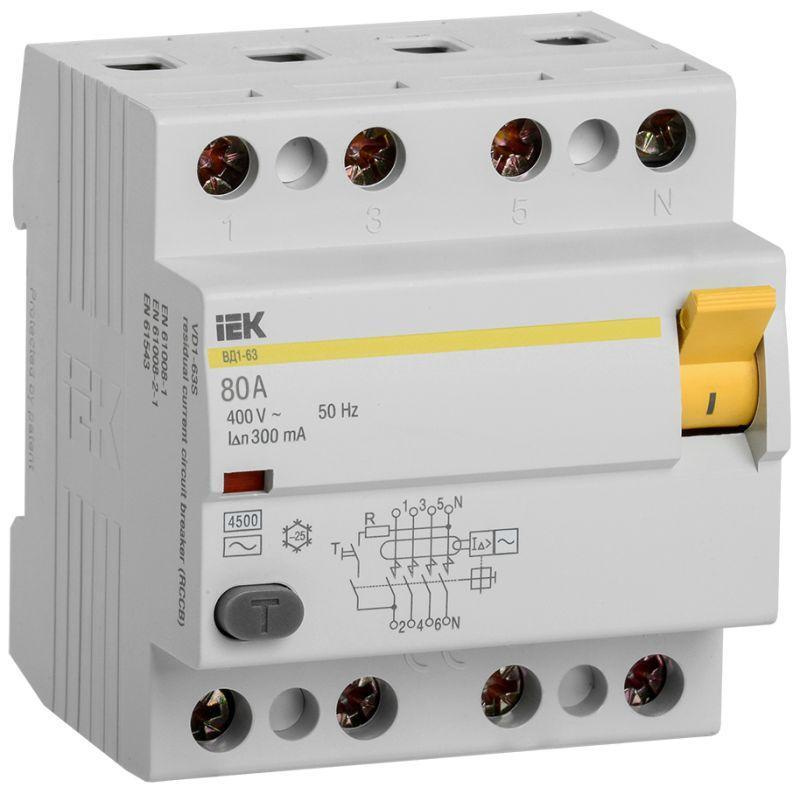 Выключатель дифференциального тока (УЗО) 4п 80А 300мА тип AC ВД1-63 IEK MDV10-4-080-300  #1