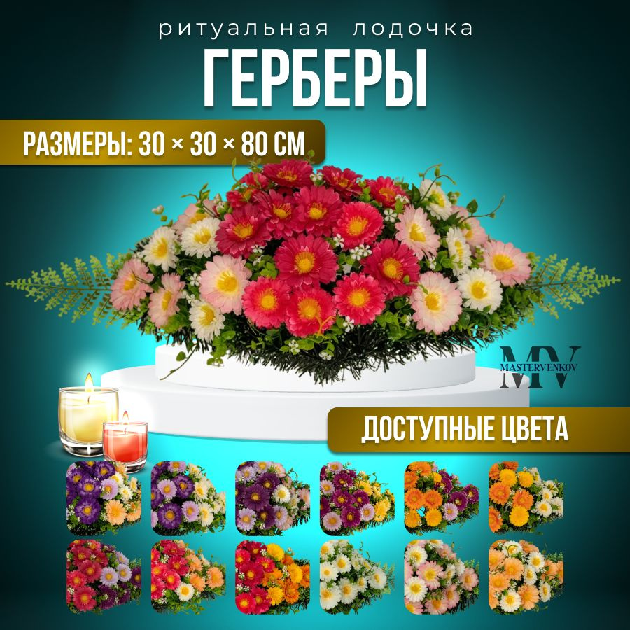 Цветы искусственные на кладбище, композиция "Герберы", 80 см*30 см, Мастер Венков  #1