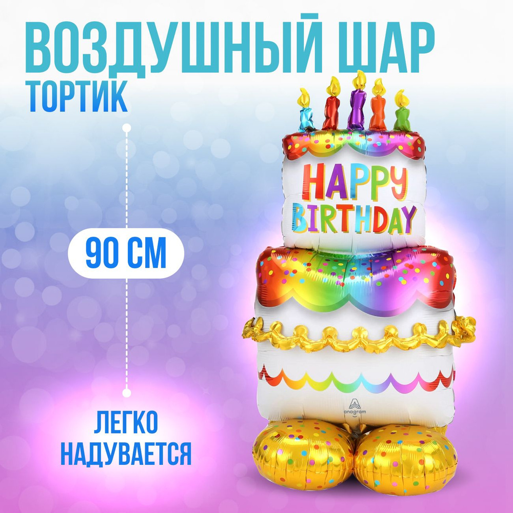Большой воздушный шар "С днем рождения" (торт), фольгированный, 90 см  #1