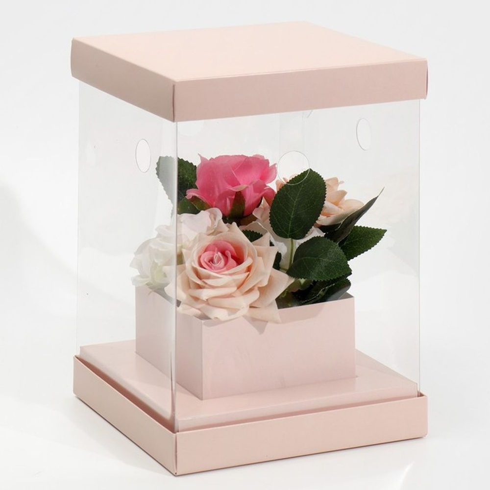 Коробка для цветов с вазой и PVC окнами Арт Узор Бежевая, складная, 16*23*16 см, подарочная коробка  #1