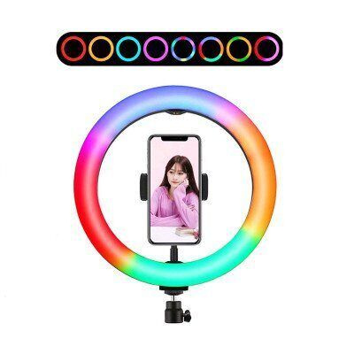 Кольцевая светодиодная лампа цветная (мультиколор) RGB MJ26 26 см с креплением для смартфона  #1