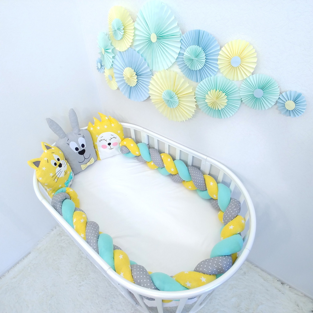 Бортик коса из хлопка 220 см. в детскую кроватку для новорожденного Мятный, желтый, серый. "Солнечная" #1