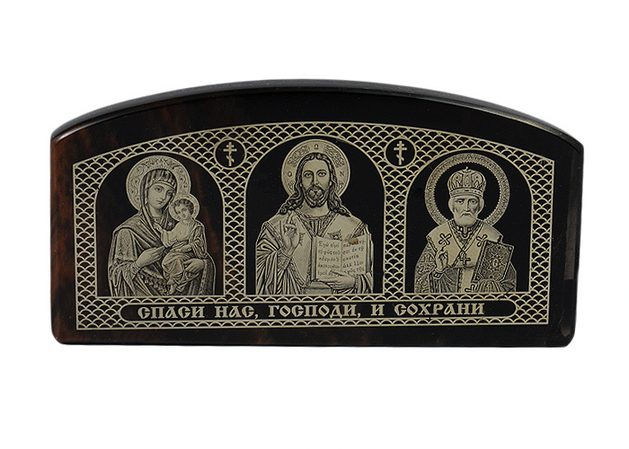 Автомобильная икона триптих, Обсидиан (Богородица, Спаситель, Николай Чудотворец), арка  #1