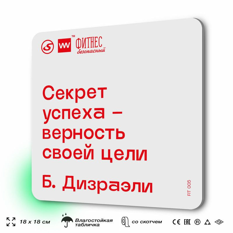 Табличка мотивационная с цитатой "Секрет успеха верность своей цели" Б. Дизраэли, для тренажерного зала, #1