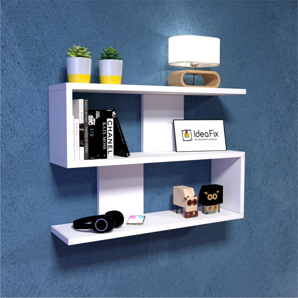 Полка настенная навесная (подвесная) IdeaFix белая 60х42х15 деревянная для книг цветов и игрушек в комнату #1