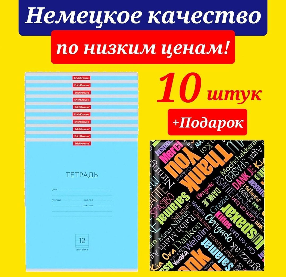 Тетрадь 12 листов в линию Erich Krause 10 штук ГОЛУБАЯ + В ПОДАРОК пластиковая ПАПКА ДЛЯ ТЕТРАДЕЙ А5 #1