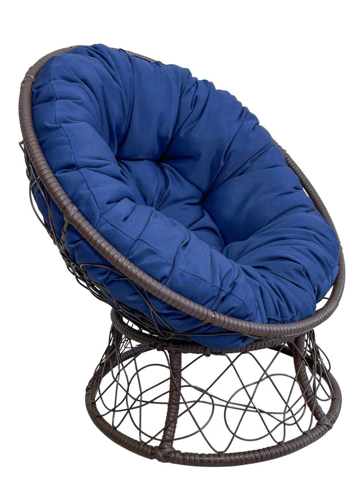 Кресло ПАПАСАН с ротангом коричневый (темно-синяя подушка)  #1