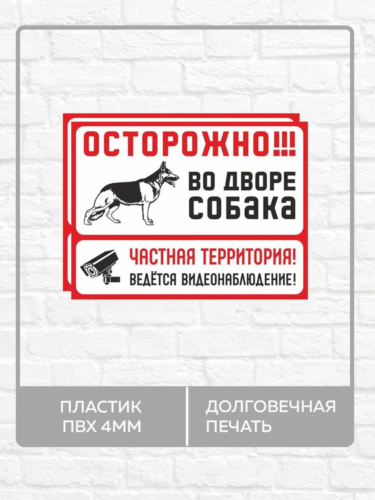 2 таблички "Осторожно во дворе собака, ведется видеонаблюдение" А4 (30х21см)  #1