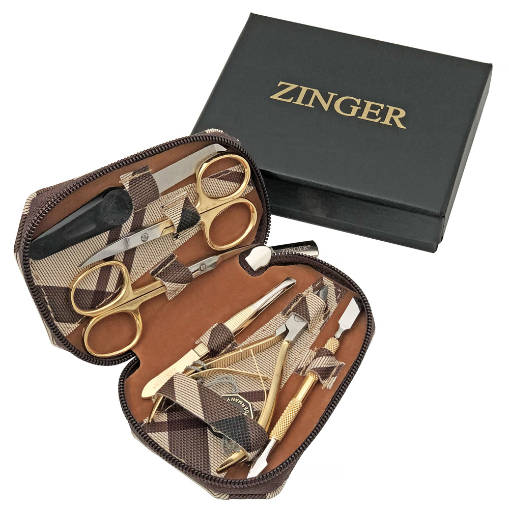 Маникюрный набор Zinger 7103 G, 6 предметов, позолоченный/ бежевый клетка  #1