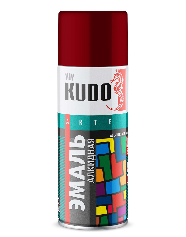 Аэрозольная краска в баллончике KUDO, алкидная, быстросохнущая, глянцевое покрытие, темно-красный RAL #1