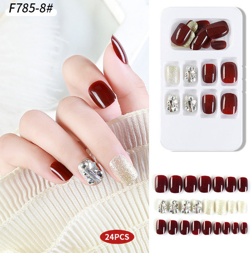 Набор накладных ногтей с дизайном из камней/страз, 24шт (бордовый, блестки, камни)  #1