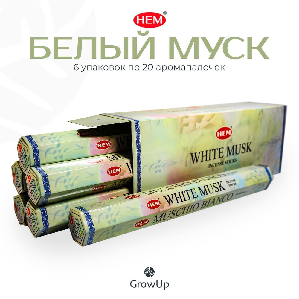 HEM Белый Мускус (Муск) - 6 упаковок по 20 шт - ароматические благовония, палочки, White Musk - Hexa #1