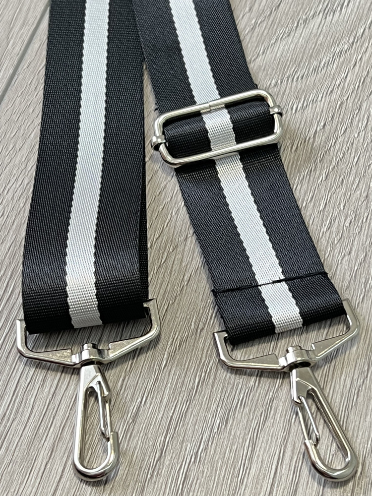 Ремень для сумки плечевой текстильный 40 мм с серебристыми карабинами (черно-белый полосатый)  #1
