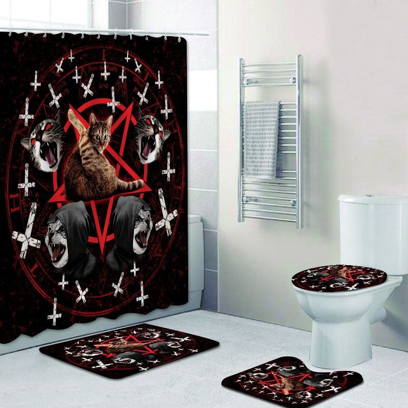 Комплект тканевая занавеска 150х180 и два коврика для ванной комнаты "Кошачья пентаграмма"  #1
