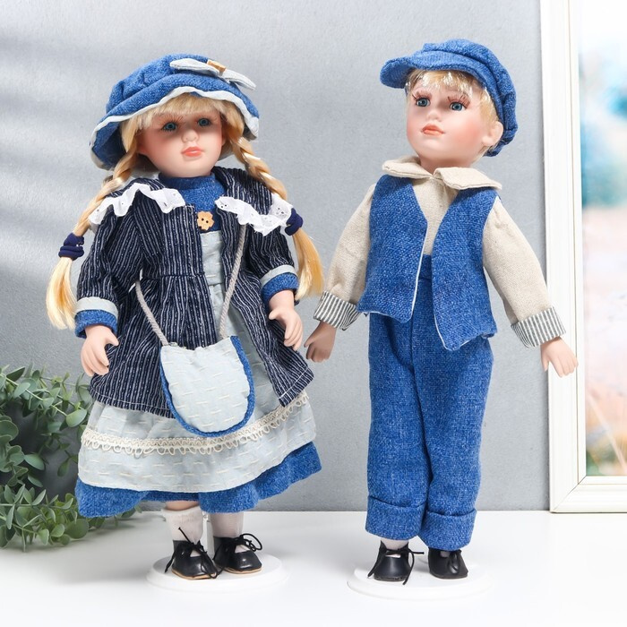Кукла коллекционная парочка Наташа и Саша, синий вельвет набор 2 шт 40 см  #1