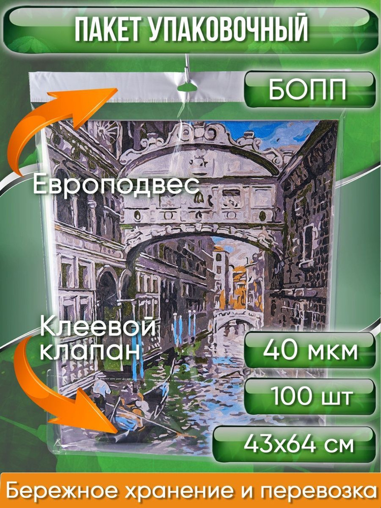 Пакет упаковочный БОПП с клеевым клапаном, 43х64+4 см, с европодвесом 4 см, сверхпрочный, 40 мкм, 100 #1