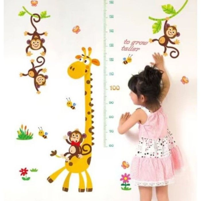 Наклейка пластик интерьерная цветная ростомер "Жираф и обезьяны" 60х90 см  #1