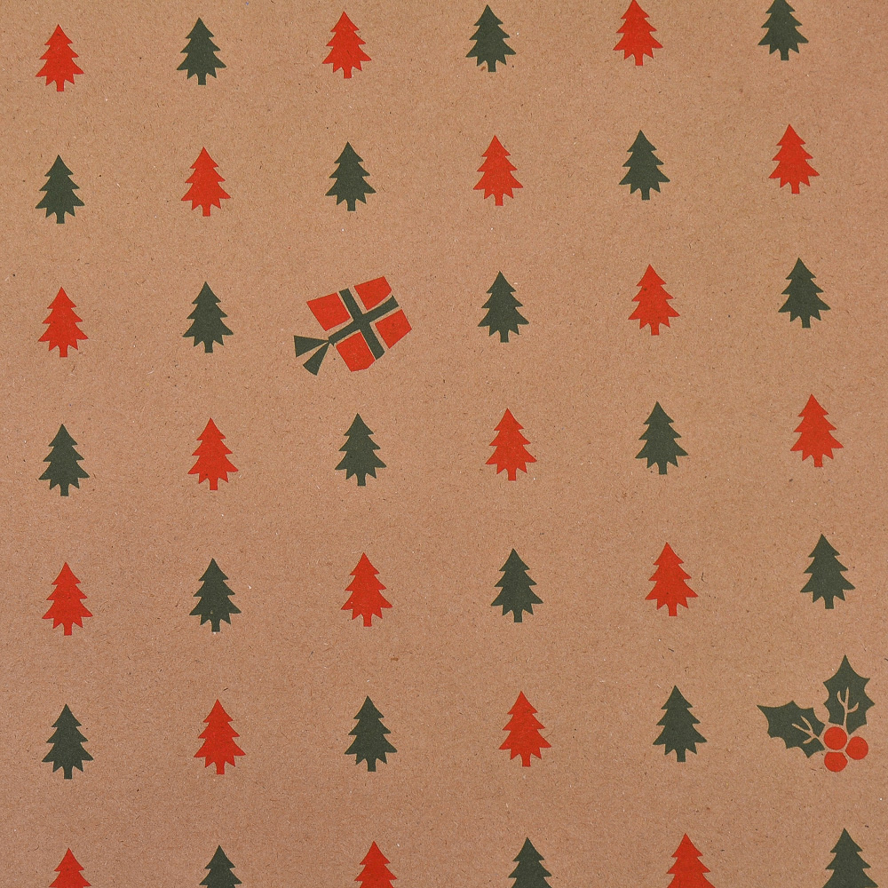 Крафт бумага в рулоне / Рождественские Ёлочки / Зеленый, красный / 0,7м*7,5м (400гр)  #1