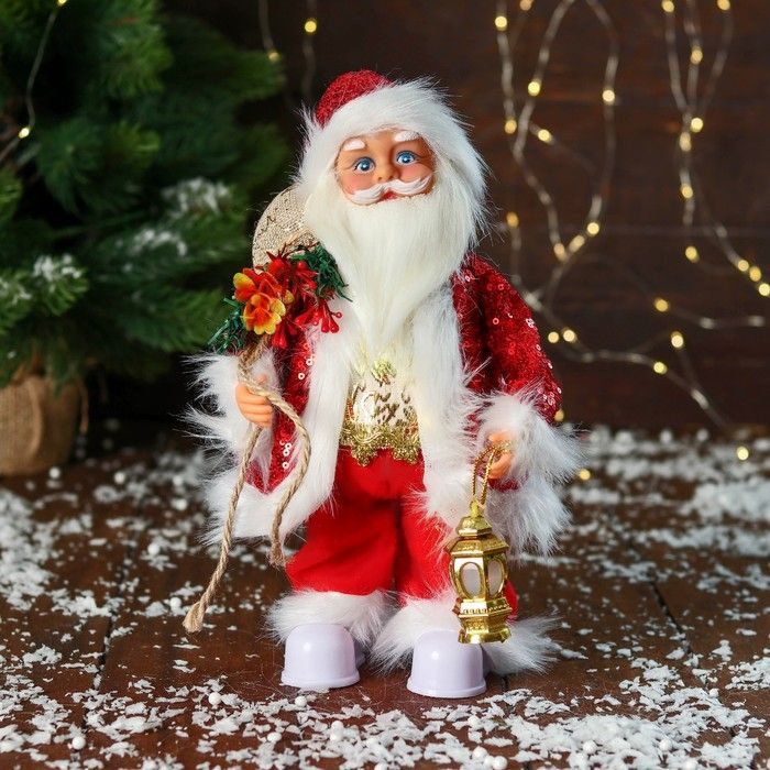 Декоративная кукла КНР "Дед Мороз", в костюме, с фонариком, двигается, с подсветкой, 28 см, красный  #1