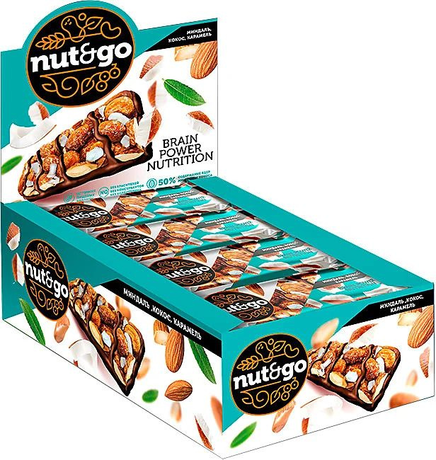 Nut&Go, батончик с миндалём, кокосом, карамелью, упаковка, 18 штук по ...