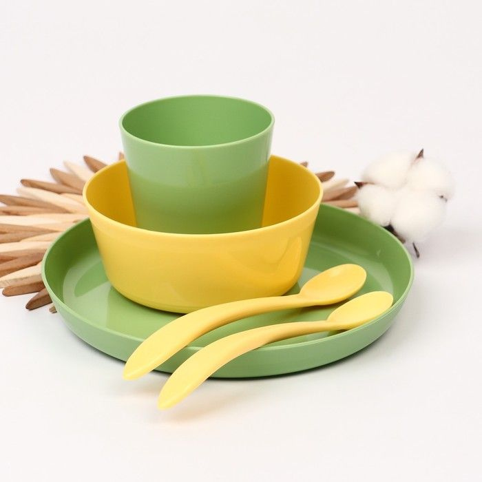 Набор детской посуды Lalababy Follow Me (тарелка, миска, стаканчик, 2 ложки), цвет зеленый  #1