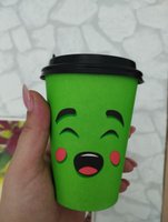 Стакан бумажный 350 мл 25 шт, "Emoji" зеленый, с черной крышкой, одноразовый. Для кофе, чая, холодных и горячих напитков #8, Яна Ч.