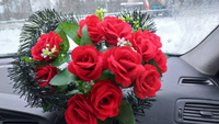 Ритуальная поляна из искусственных цветов "Розы Красные" бархат средние, корзина на кладбище, венок #64, Елена Д.